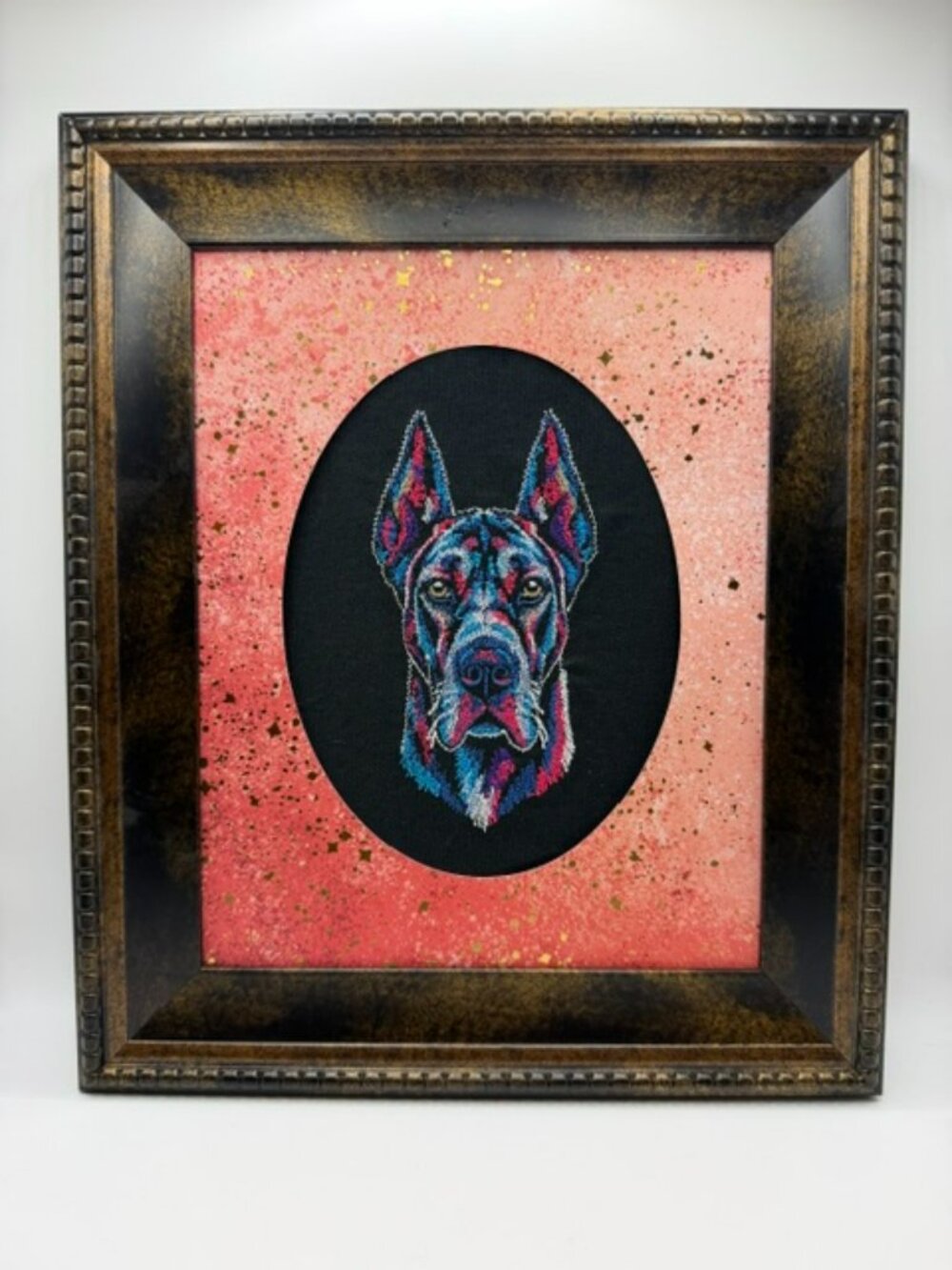 Homemade Vibrant Great Dane Framed Embroidery Art